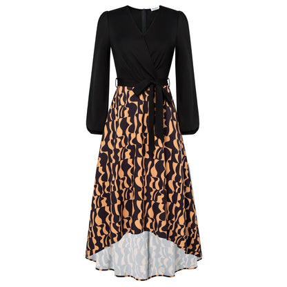 Jasambac Women High-Lo Dress Long Sleeve V-Neck Contrast Color A-Line Dress