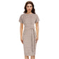 Jasambac Women Back Slit Dress with Belt Short Sleeve Crew Neck Bodycon Dress