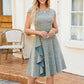 Jasambac Women Defined Waist Dress Cap Sleeve Scoop Neck Above Knee A-Line Dress