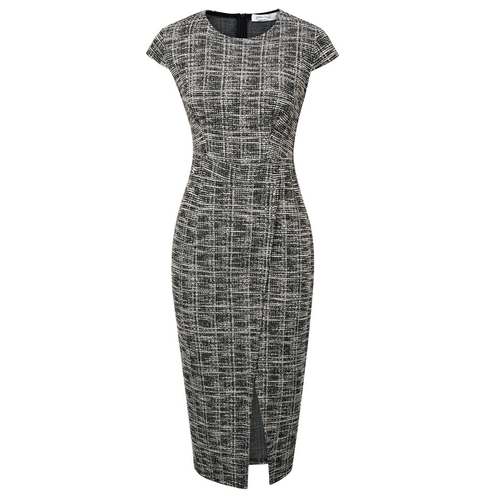 Jasambac Women Wrap Hem Tweed Dress OL Cap Sleeve Crew Neck Bodycon Dress
