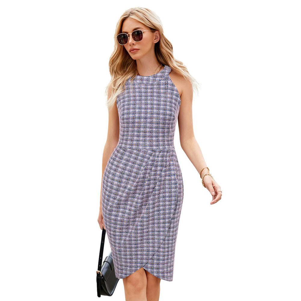 Jasambac Women Halterneck Party Dress Cut-out Shoulder Wrap Hem Bodycon Dress